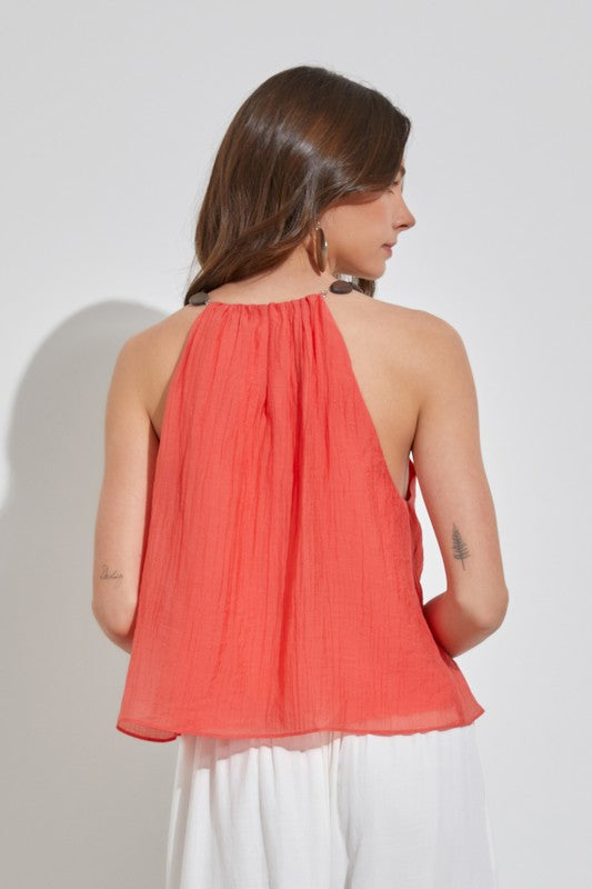 Back View - Peach Coral Pleated Trim Detail Top