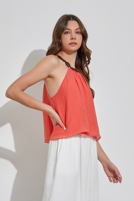 Side View - Peach Coral Pleated Trim Detail Top