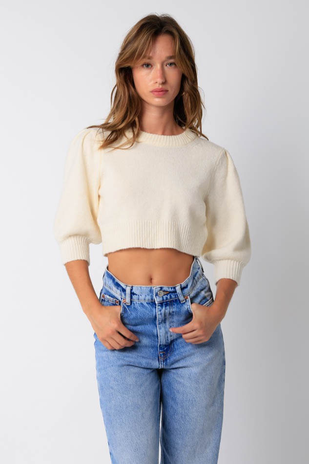 Ivory Puff Sleeve Cropped Sweater