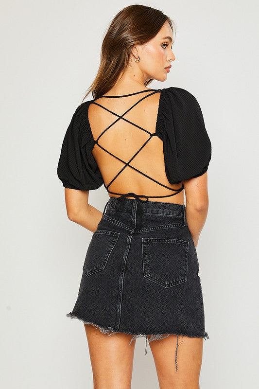 Black Open Back Textured Crop Top with Jean Skirt