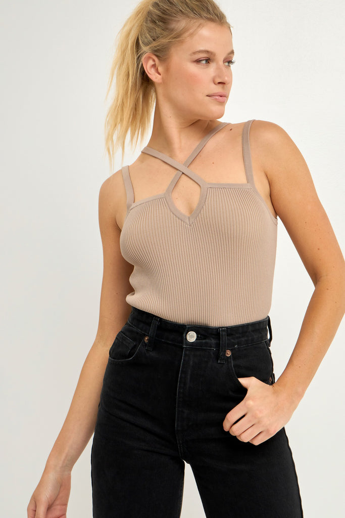 Taupe Strap Detail Fitted Knit Top