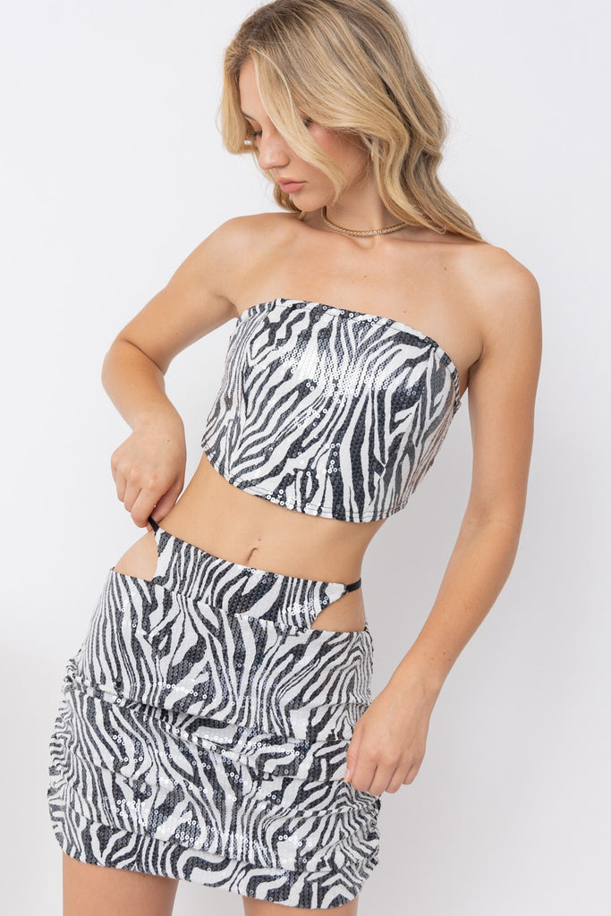 Zebra Print Sequin Mini Skirt