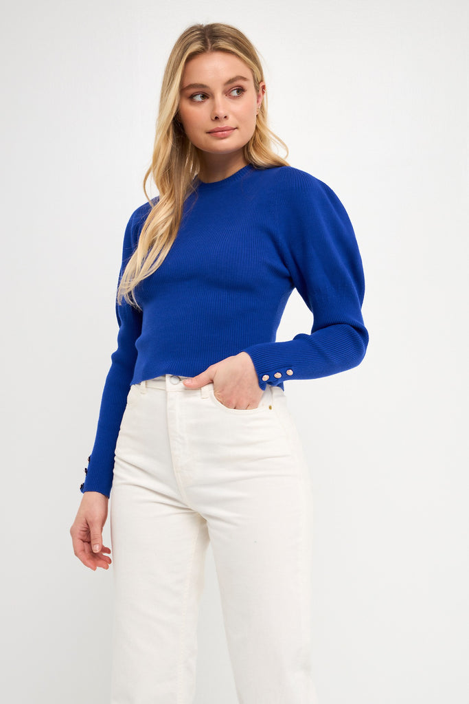 Blue Puff Sleeve Knit Sweater