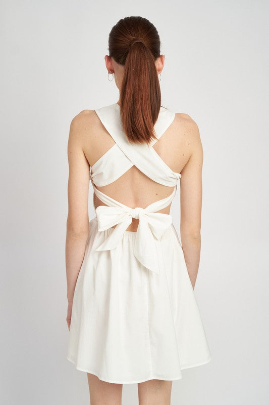 Back View - White Tie Back Smocked Mini Dress