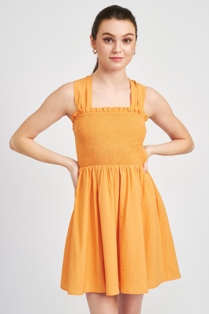 Orange Tie Back Smocked Mini Dress
