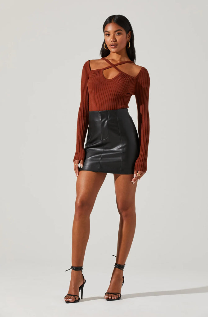 Rust Criss Cross Long Sleeve Ribbed Sweater with Skirt