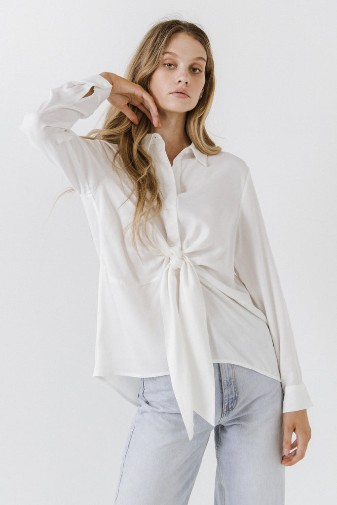Front Tie Oversized Collared Top White