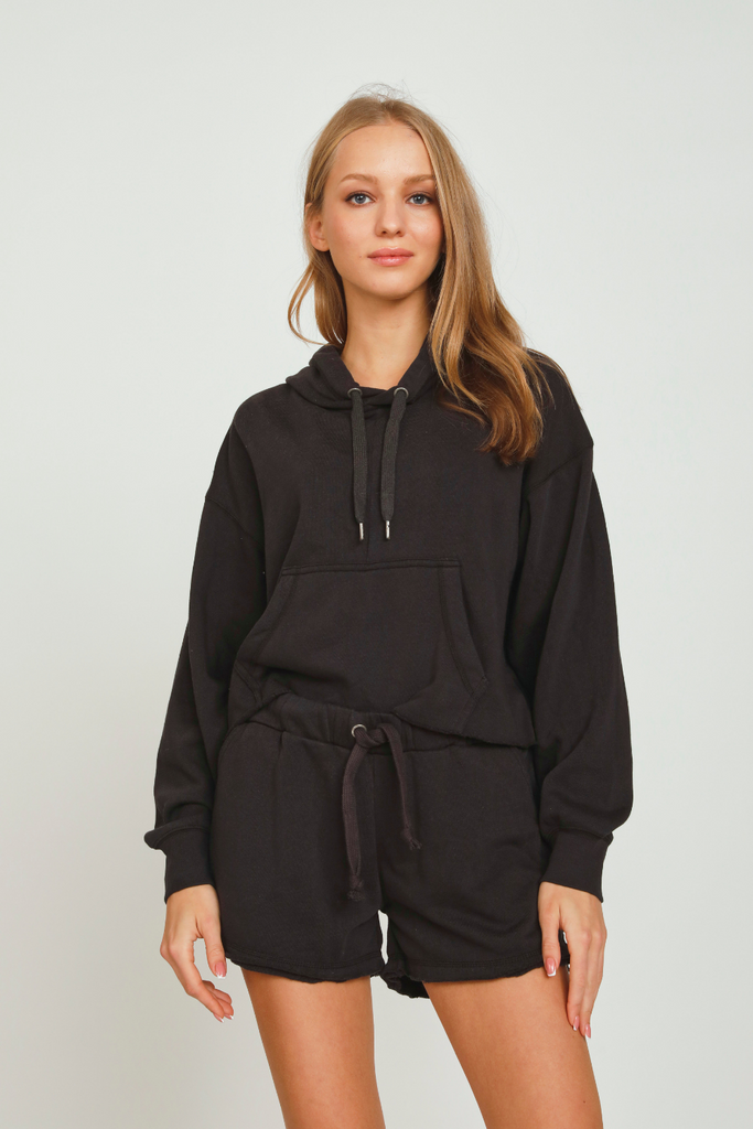 Black Cropped Lace-Up Back Hoodie
