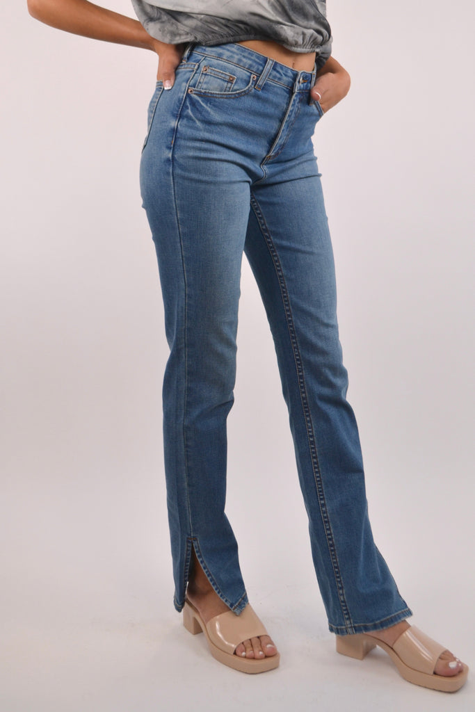 Medium Wash High Rise Side Slit Jean on Model