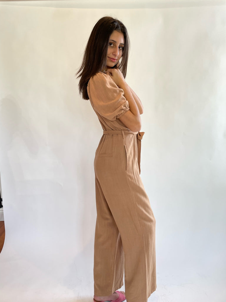 Side View - Janny Woven Jumpsuit Taupe