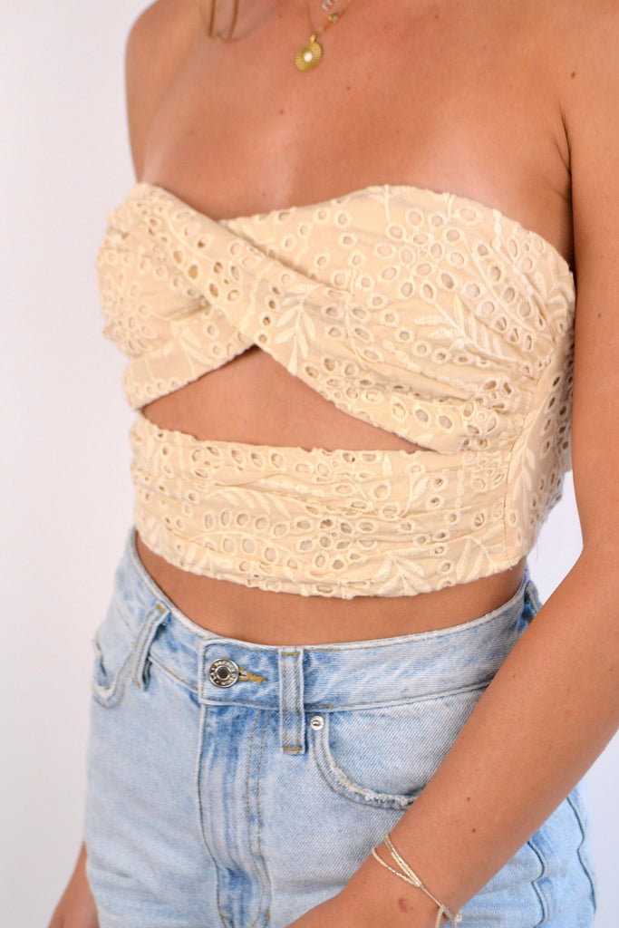 Natural Ivory Eyelet Strapless Twist Top
