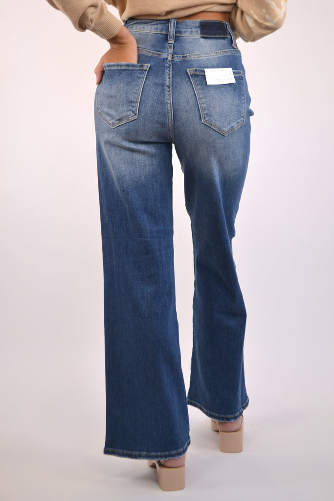 Back View - Risen Dark High Rise Wide Flare Jeans