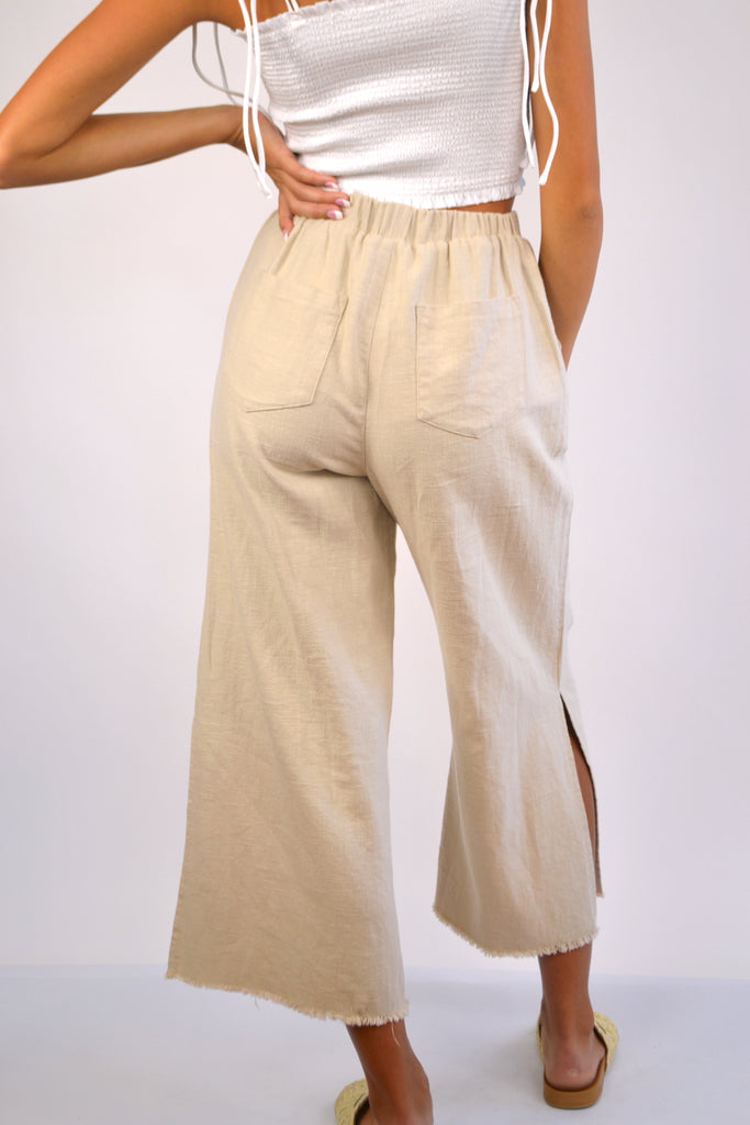 Back View - Natural Woven Linen Straight Wide Pants