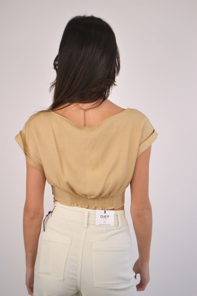 Back View - Beige Front Knotted Drape Crop Top