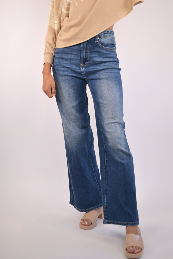 Risen Dark High Rise Wide Flare Jeans with Shirt