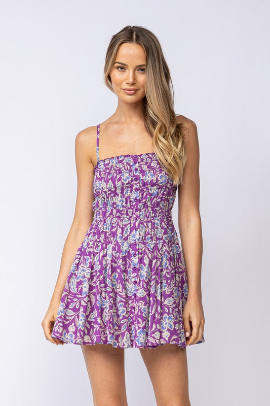 Model wearing Purple Pandora Dress with Ruched Waist