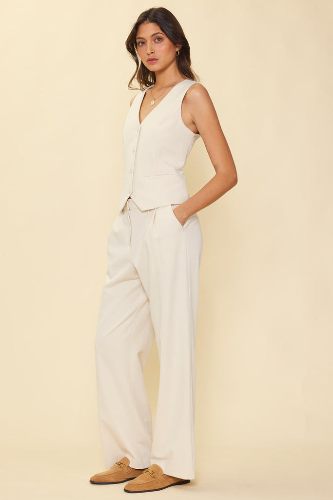 Cream Front Pleated Wide Leg Trouser with Vest