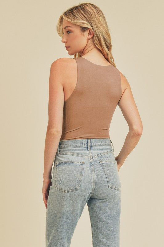 Back View - Tan Halter Neck Bodysuit