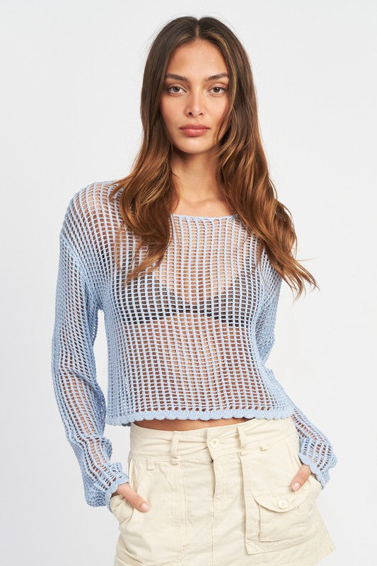 Front View - Baby Blue Crochet Long Sleeve Top