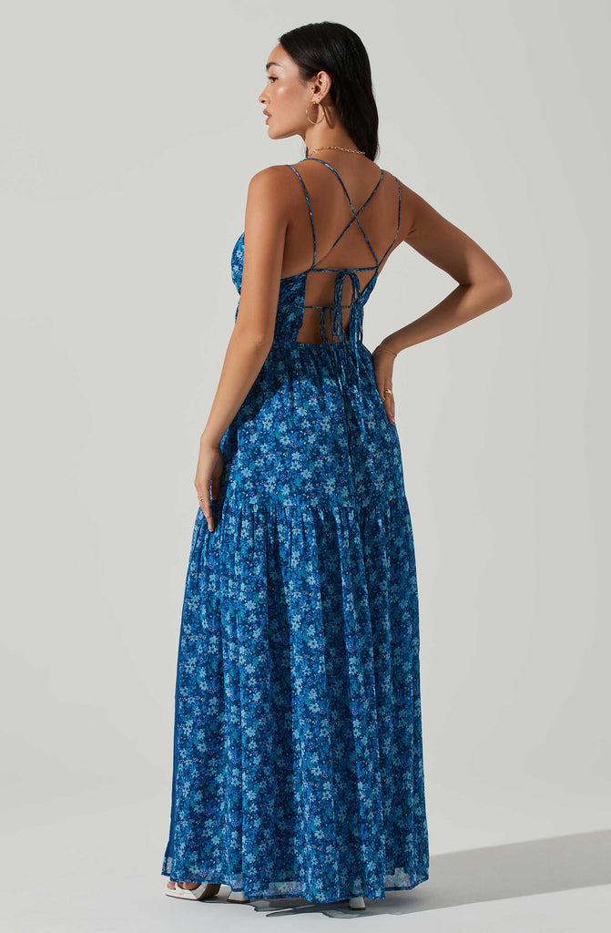 Back View - Blue Floral Tiered Maxi Dress