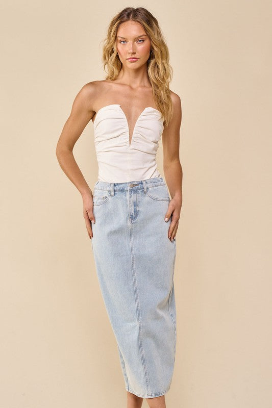 Ivory Deep V -Wire Strapless Bodysuit with Jean Skirt