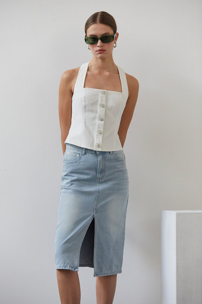 Denim Blue Agness Midi Denim Skirt