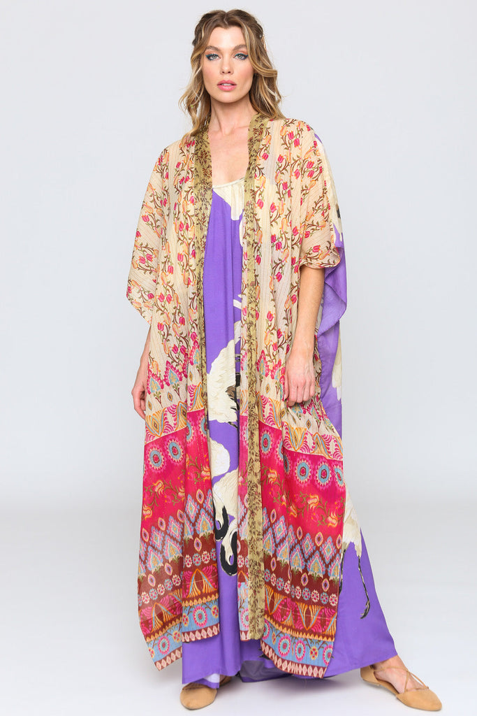 Obsessed Kimono Cream Fuschia over dress