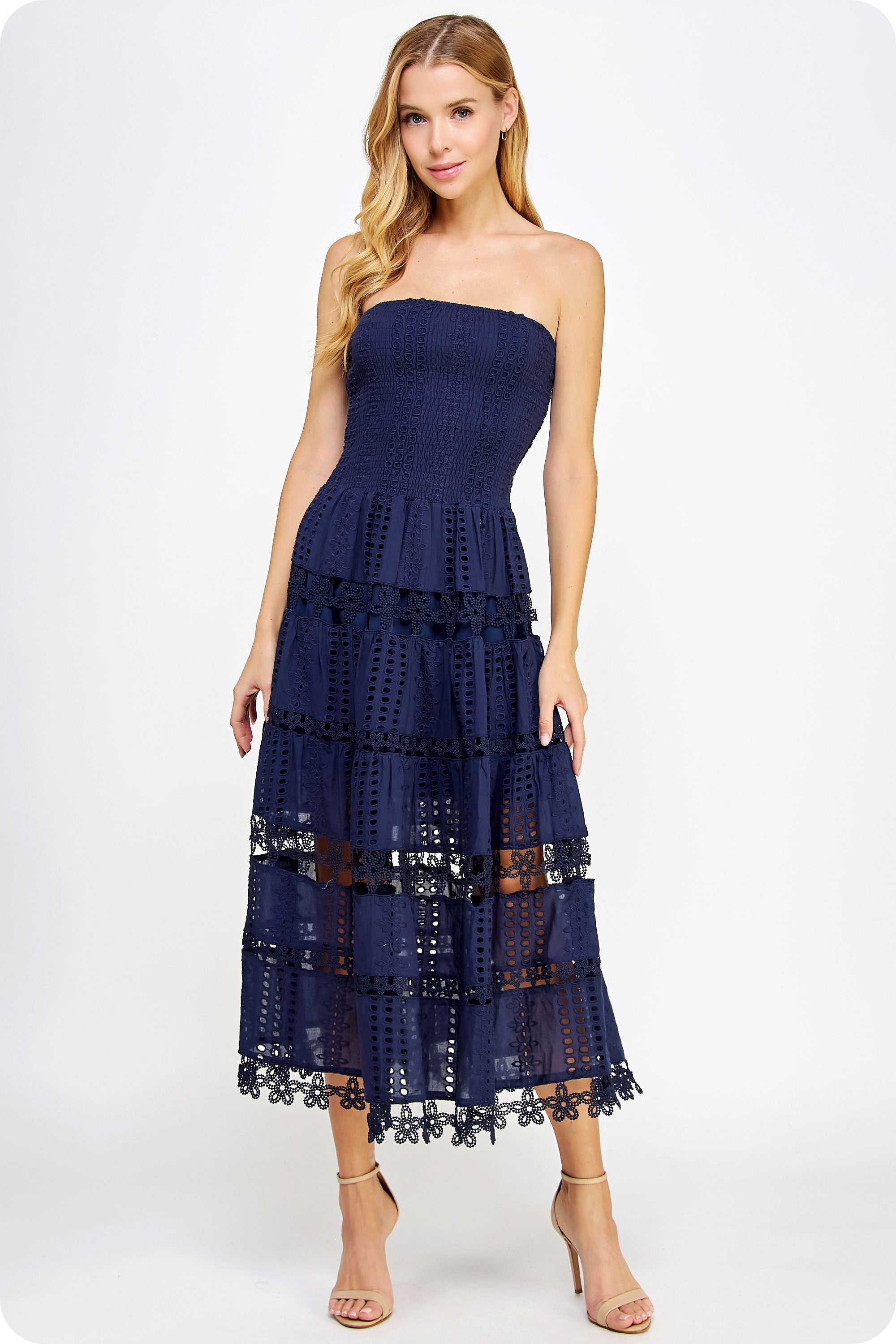 Strut and Bolt Navy Eyelet Lace Strapless Tube Dress