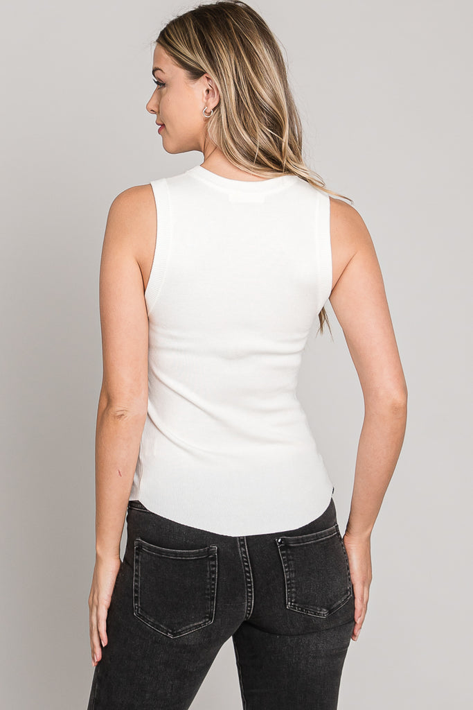 Back View - White Sleeveless Crewneck Sweater Top