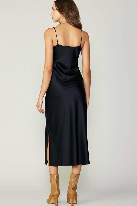 Back View - Black 100% Silk Cami Midi Dress