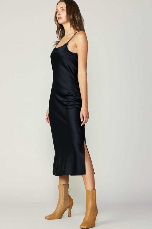 Side View - Black 100% Silk Cami Midi Dress