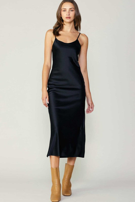 Black 100% Silk Cami Midi Dress