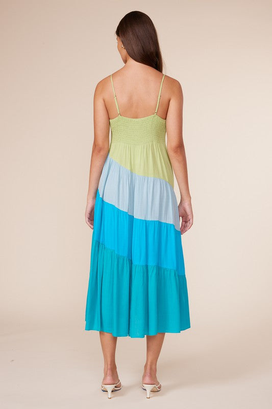 Back View - Blue Multi Positano Color Block Midi Dress