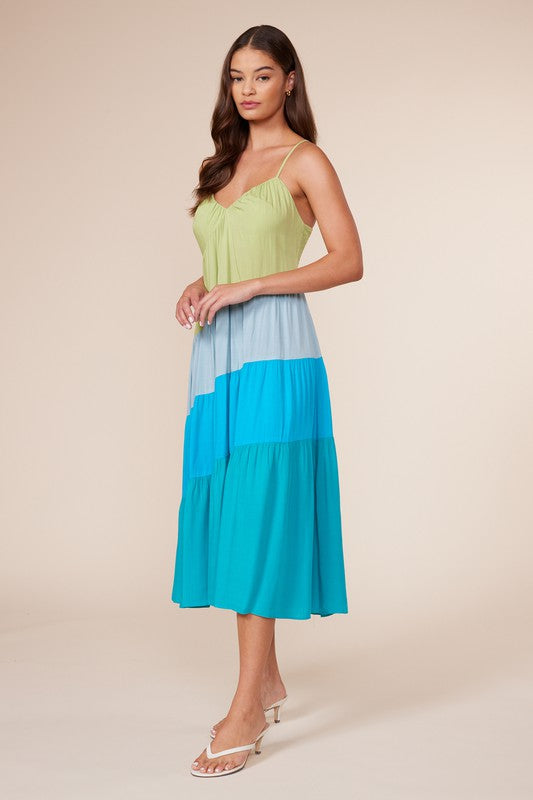 Blue Multi Color Block Midi Dress