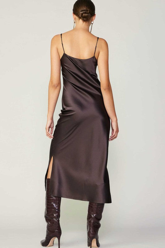 back view - Brown 100% Silk Cami Midi Dress