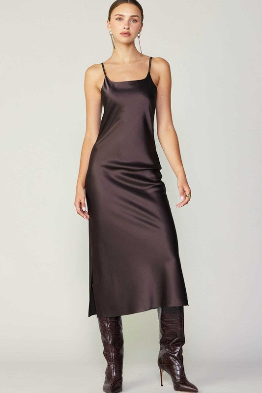 Brown 100% Silk Cami Midi Dress