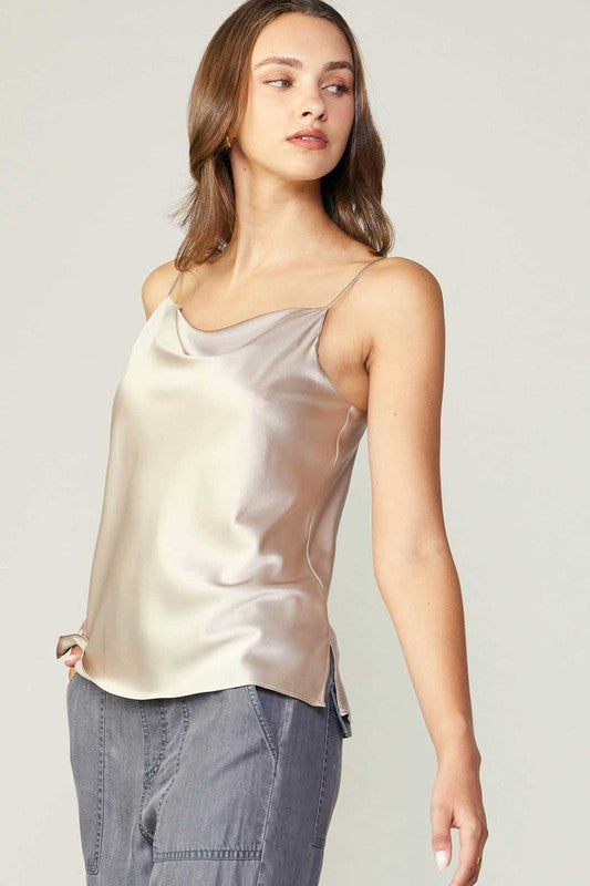 Champagne Cowl Neck 100% Silk Cami Top