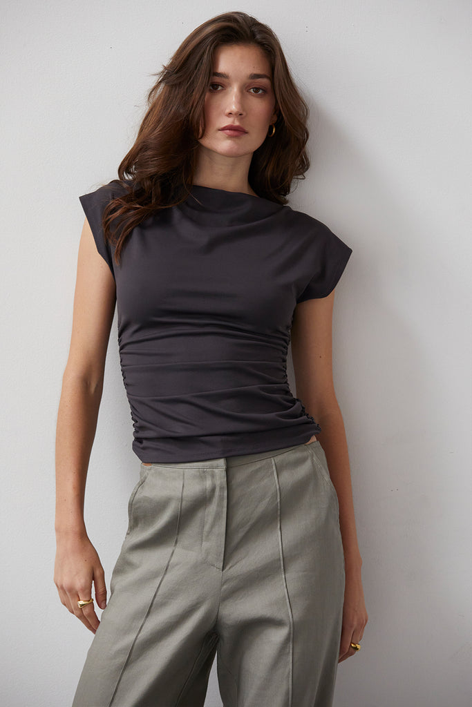 Angela Charcoal Wear-to-Work Ruched Knit Top