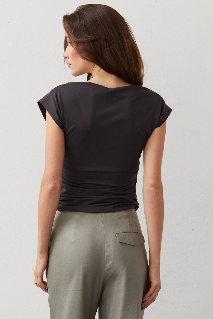 Back View - Angela Charcoal Wear-to-Work Ruched Knit Top