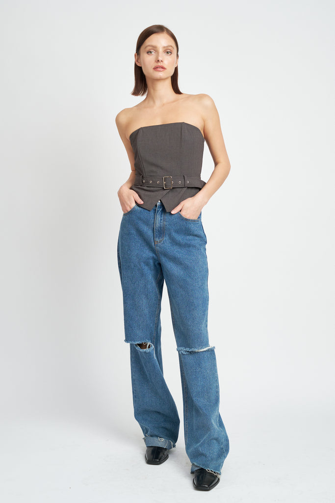 Charcoal Peplum Belt Corset Top with Jeans