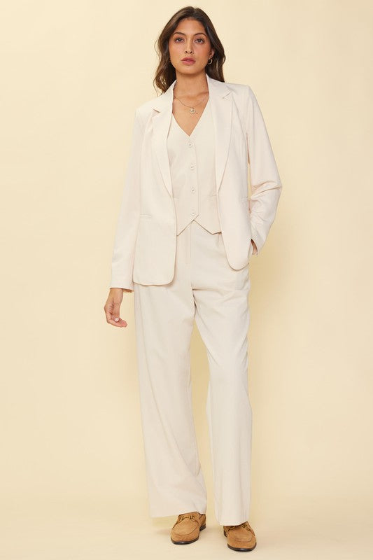 Cream Classic Single Button Blazer, pants, vest and shoes