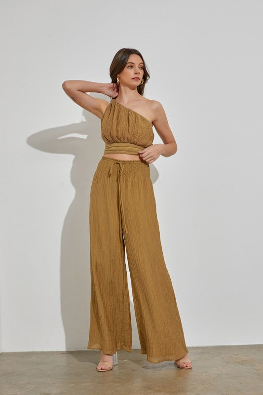 Sand One Shoulder Top with Matching Pants
