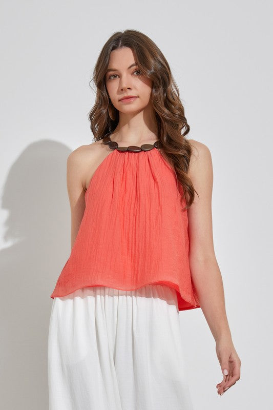 Peach Coral Pleated Trim Detail Top