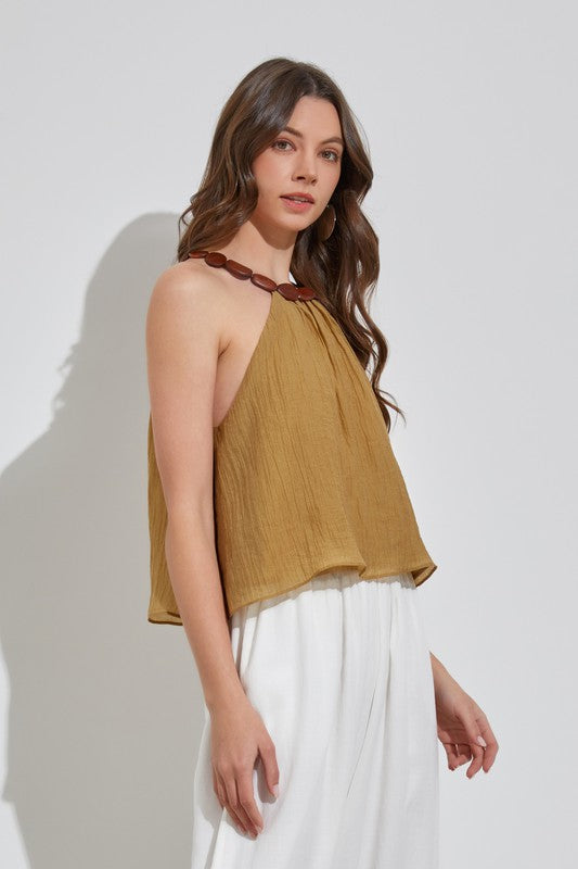 Sand Pleated Trim Detail Top with White Bottom