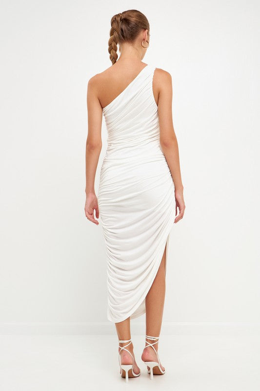 Back View - Off White Asymmetrical Jersey Dress