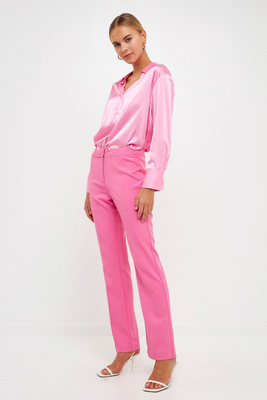 Pink Full Length Low Rise Pants, blouse and heels