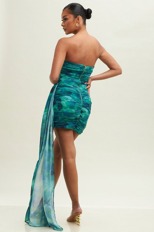 Back View - Green Bora Drape Hem Dress