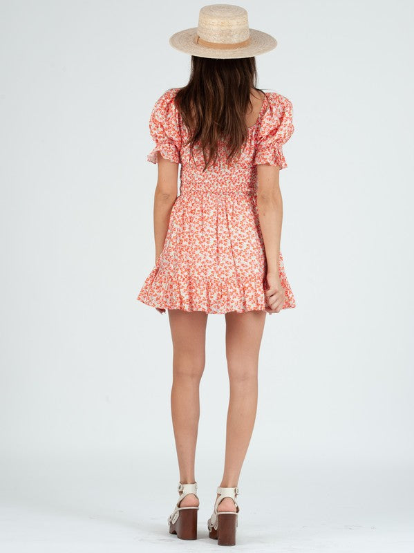Back View - Coral Bryanna Puff Sleeve Floral Dress