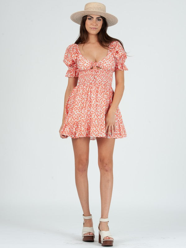 Coral Bryanna Puff Sleeve Floral Dress