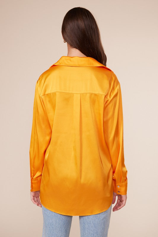 Back View - Tangerine Elena Button Down Silky Top